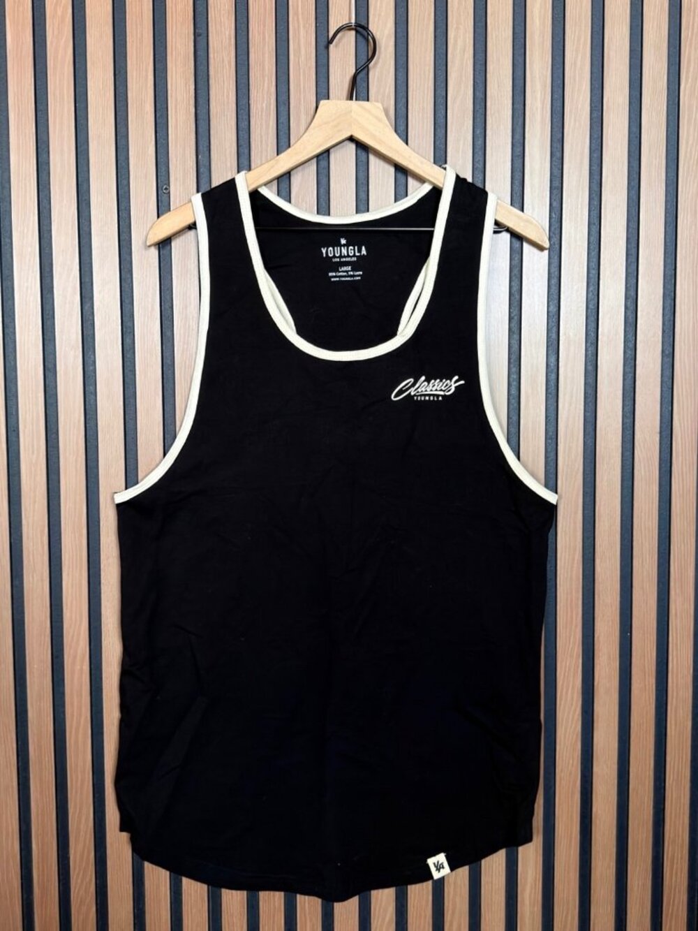 YoungLA Tank Top Large Men’s Black Ivory Trim Classics Muscle Shirt